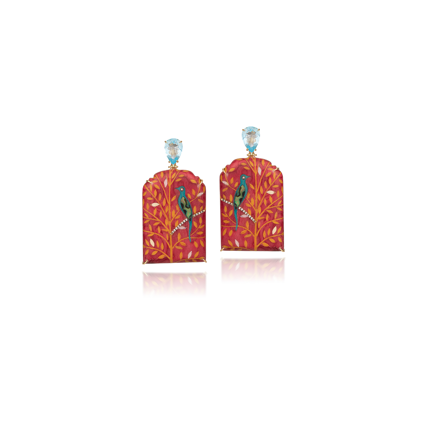 Silvia Furmanovich Marquetry Window Format Bird Print Earrings with Diamond and Topaz