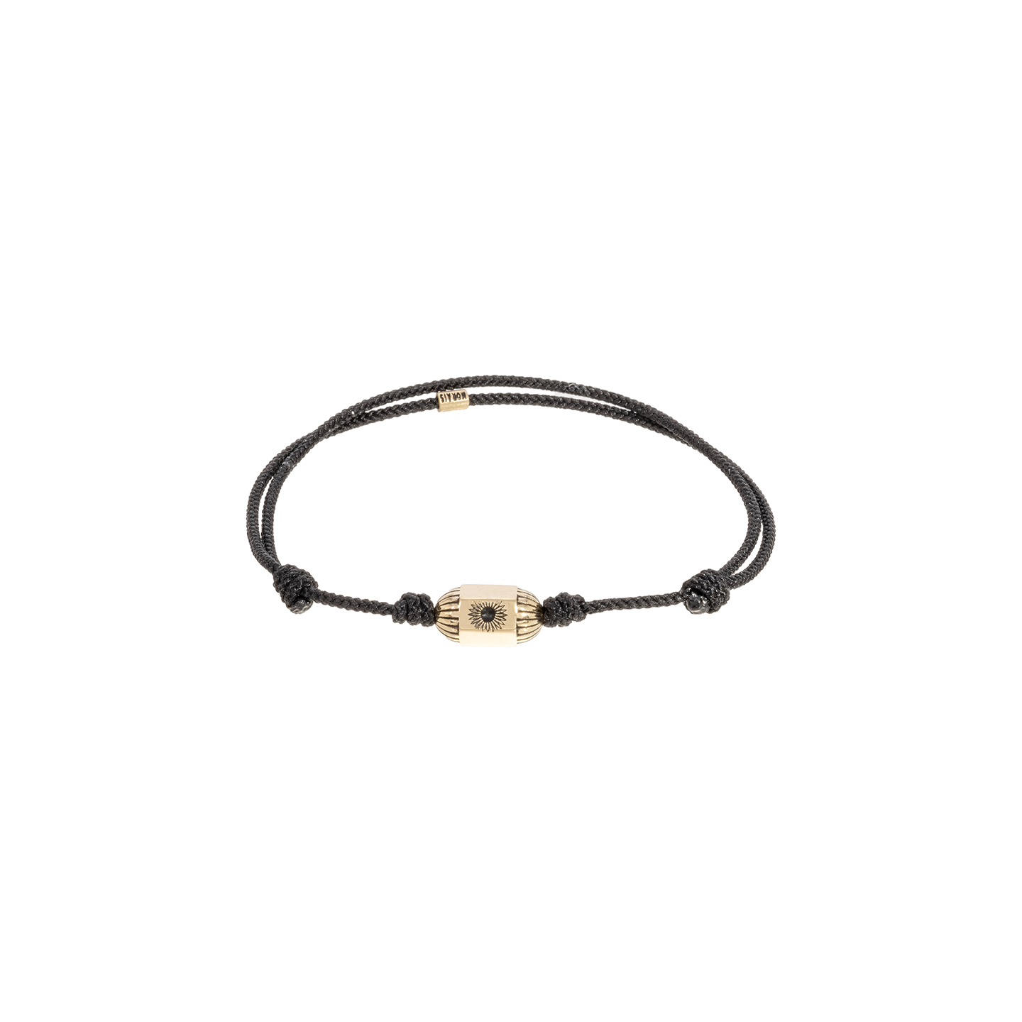 Luis Morais Gold Ribbed Hexagon Bolt Bead with Sunburst Symbol on Corded Bracelet