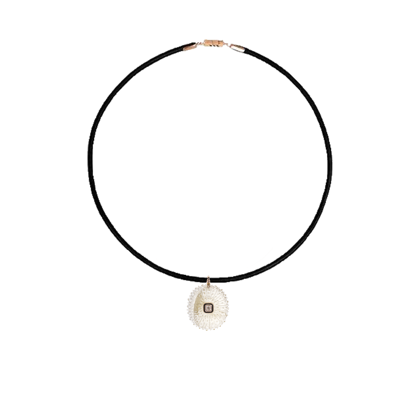 Dezso Tan Cord Necklace with Grande Carved Lemon Quartz Urchin Charm and Cornetto Charm with Sapphire