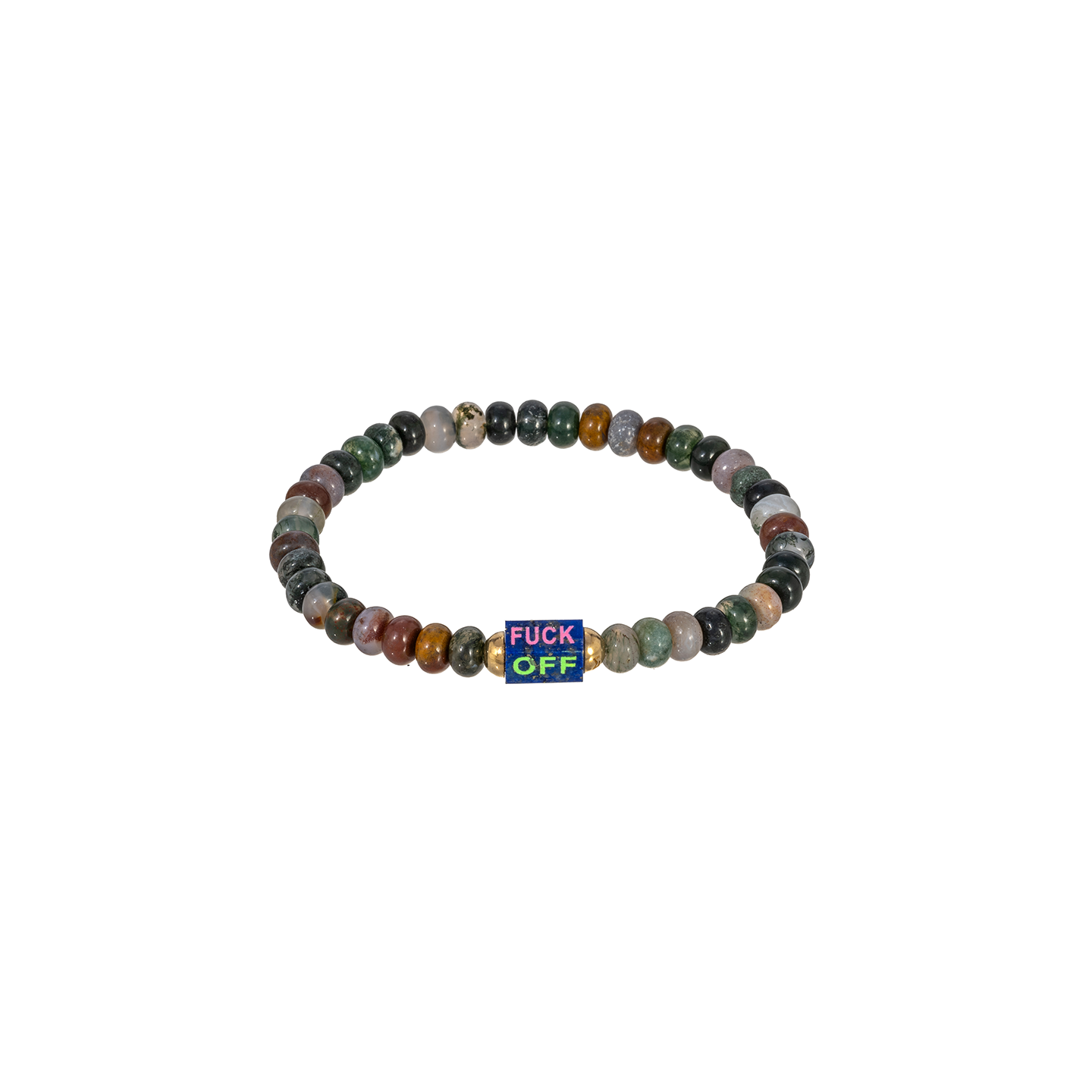 Luis Morais Medium Hexagon Lapis Bolt Bead with Carved and Enameled 'Fuck Off' On Gemstone Beaded Bracelet