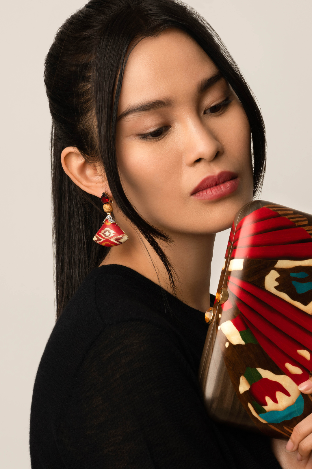 Silvia Furmanovich Marquetry Fan Earrings with Ikat Motif, Diamonds and Garnet