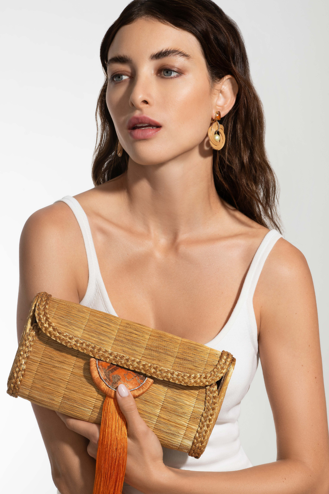 Silvia Furmanovich Golden Grass Clutch with Diamond and Silk Tassel