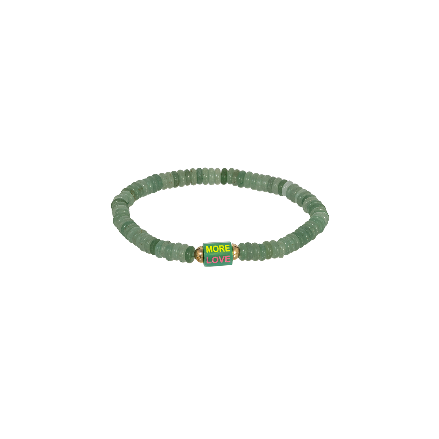 Luis Morais Medium Hexagon Chrysoprase Bolt Bead with Carved and Enameled 'More Love' On Gemstone Beaded Bracelet
