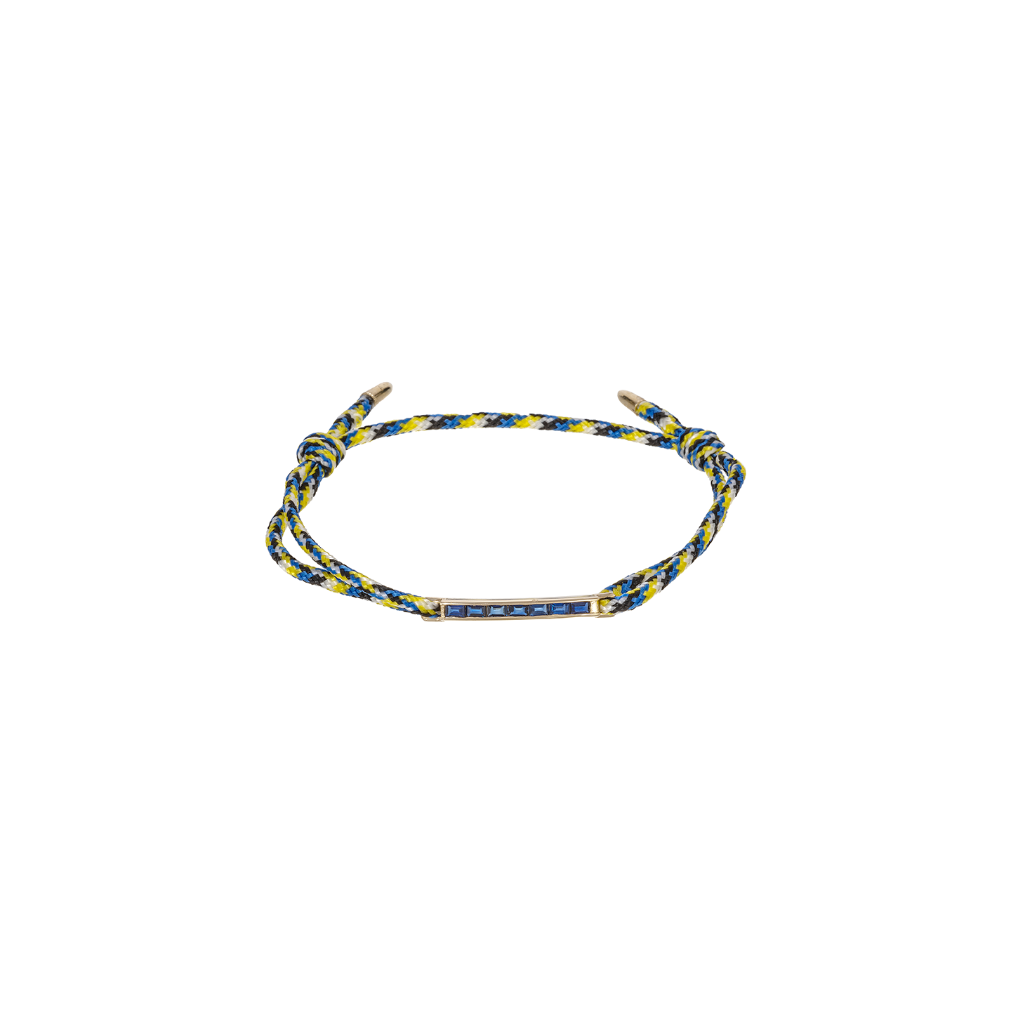 Luis Morais Medium Link ID Bar with Blue Sapphire Baguettes and Bullet Tip Ends on Cord Bracelet