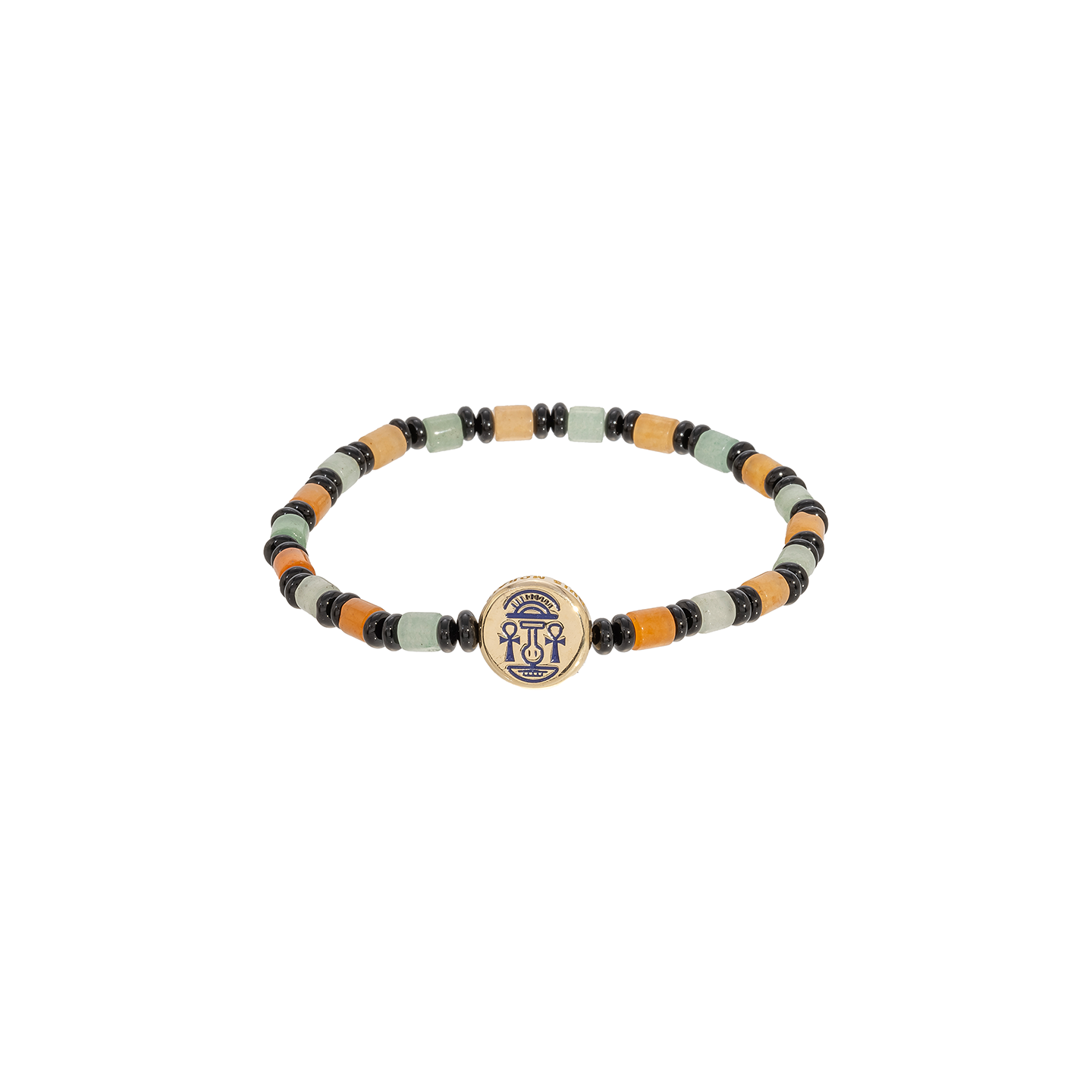 Luis Morais Large Disk with Enamel Good Luck Symbol on Gemstone Beaded Bracelet