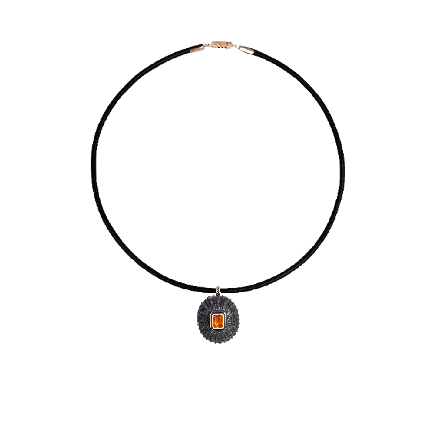 Dezso Black Cord Necklace with Grande Carved Ebony Wood Urchin Charm with Citrine