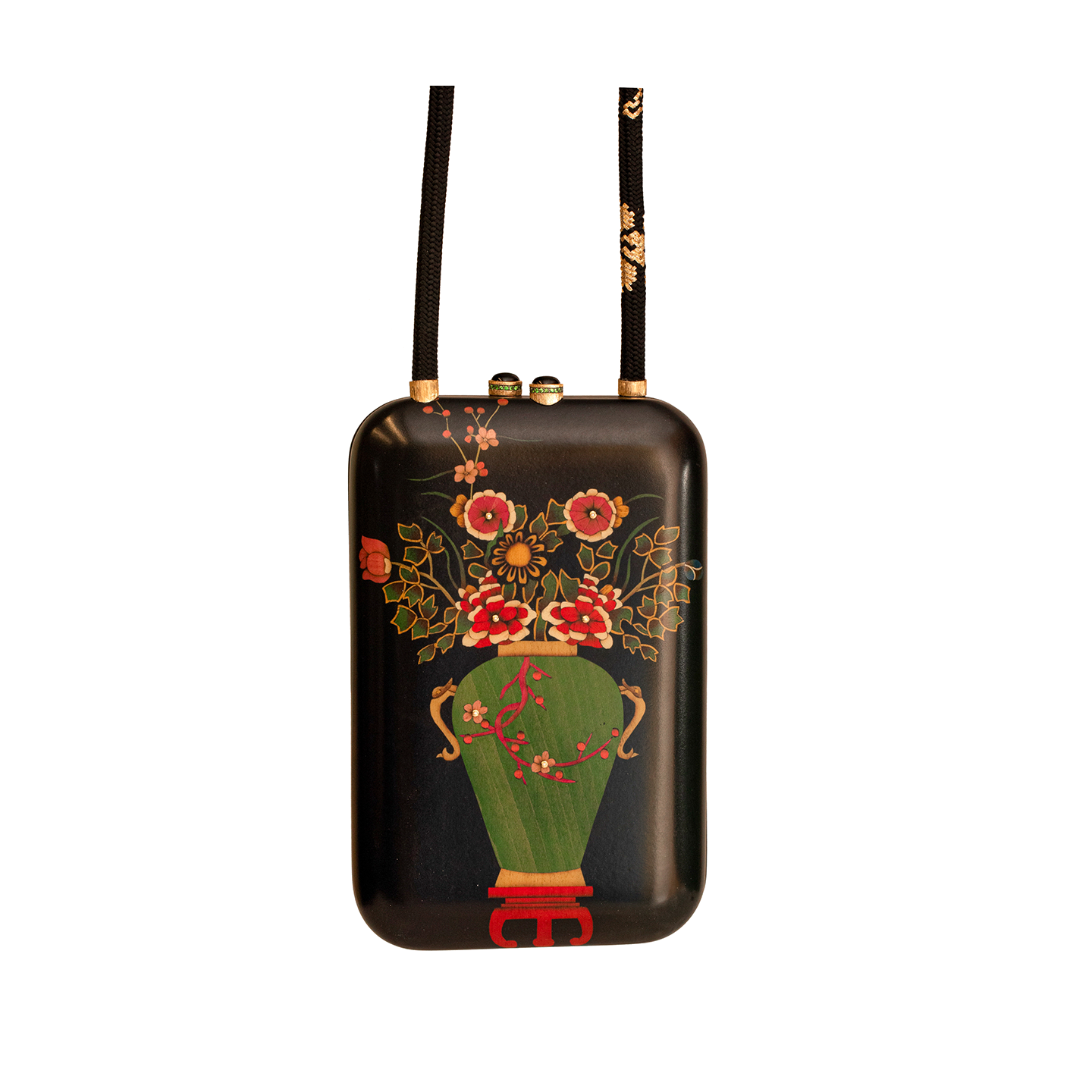 Silvia Furmanovich Black Marquetry Floral Vase Clutch with Strap