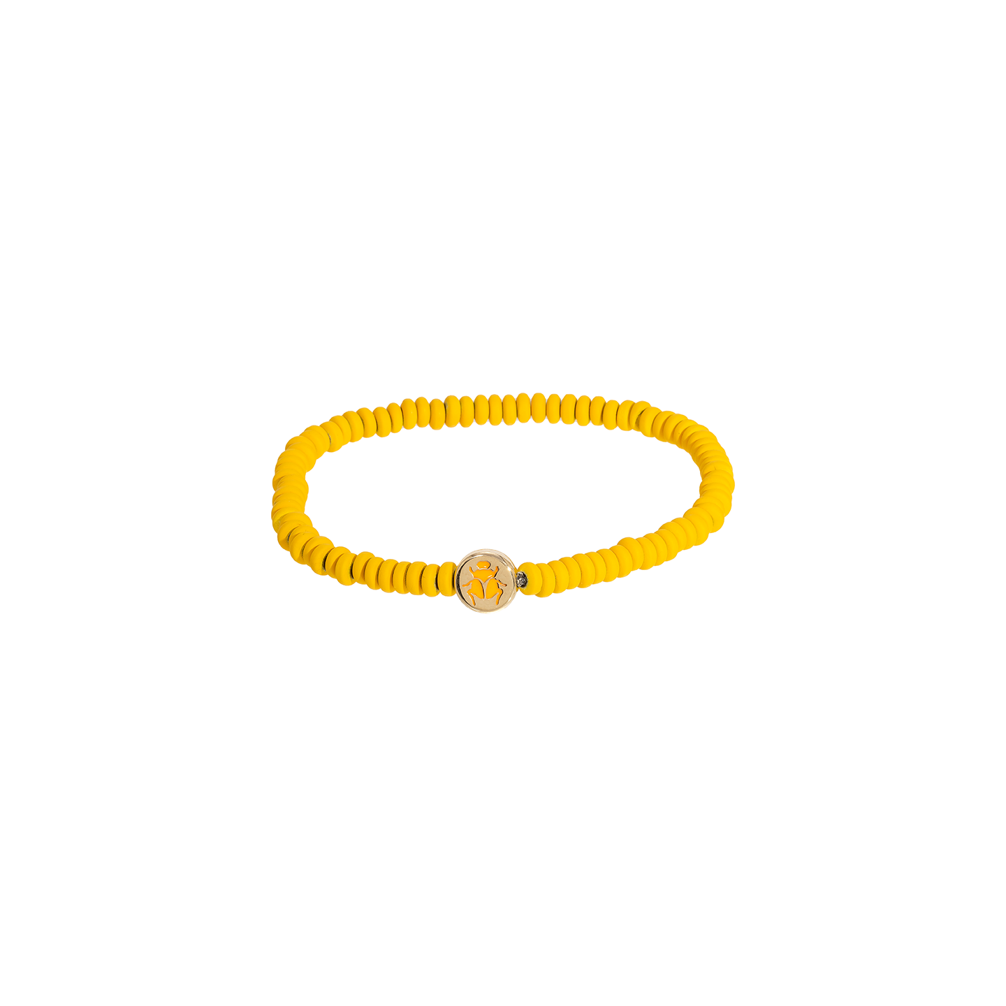 Luis Morais Gold Small Disk with Enamel Scarab Symbol on Coated Hematite Beaded Bracelet