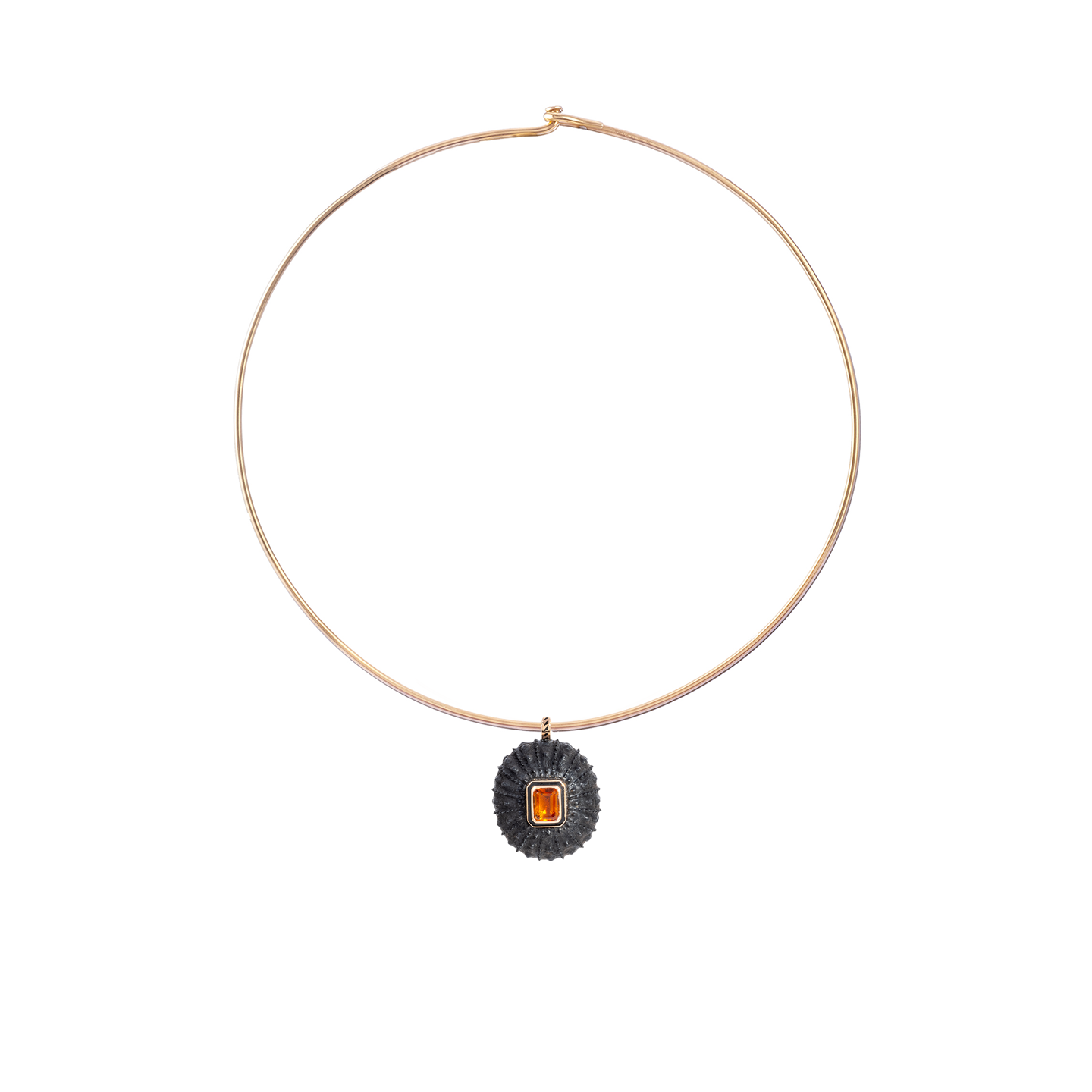 Dezso Black Cord Necklace with Grande Carved Ebony Wood Urchin Charm with Citrine