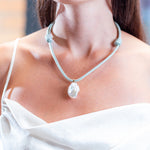 Dezso Grande Pearl Charm on Grey Cord Necklace