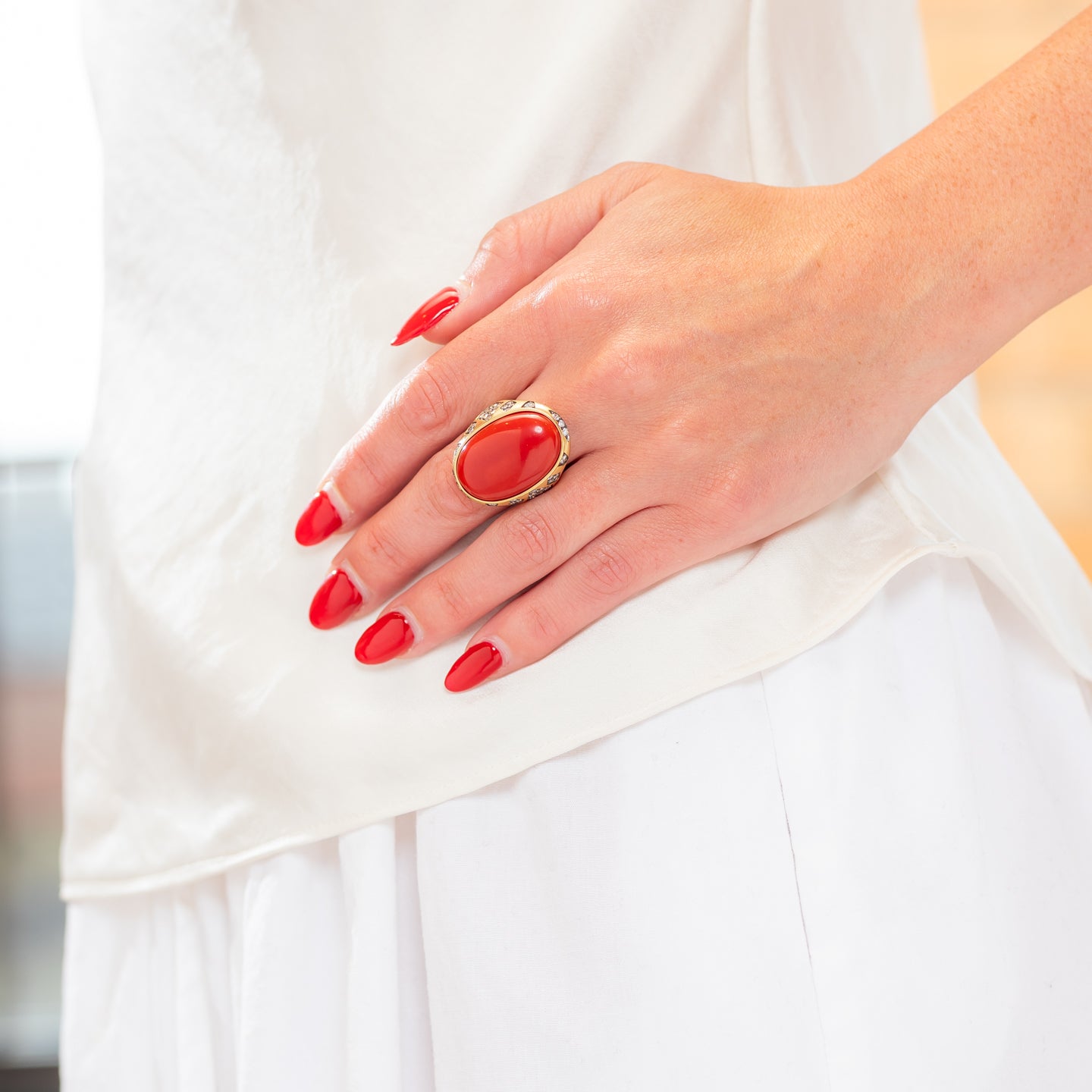 Sylva & Cie Gilded Age Coral Ring with Diamonds