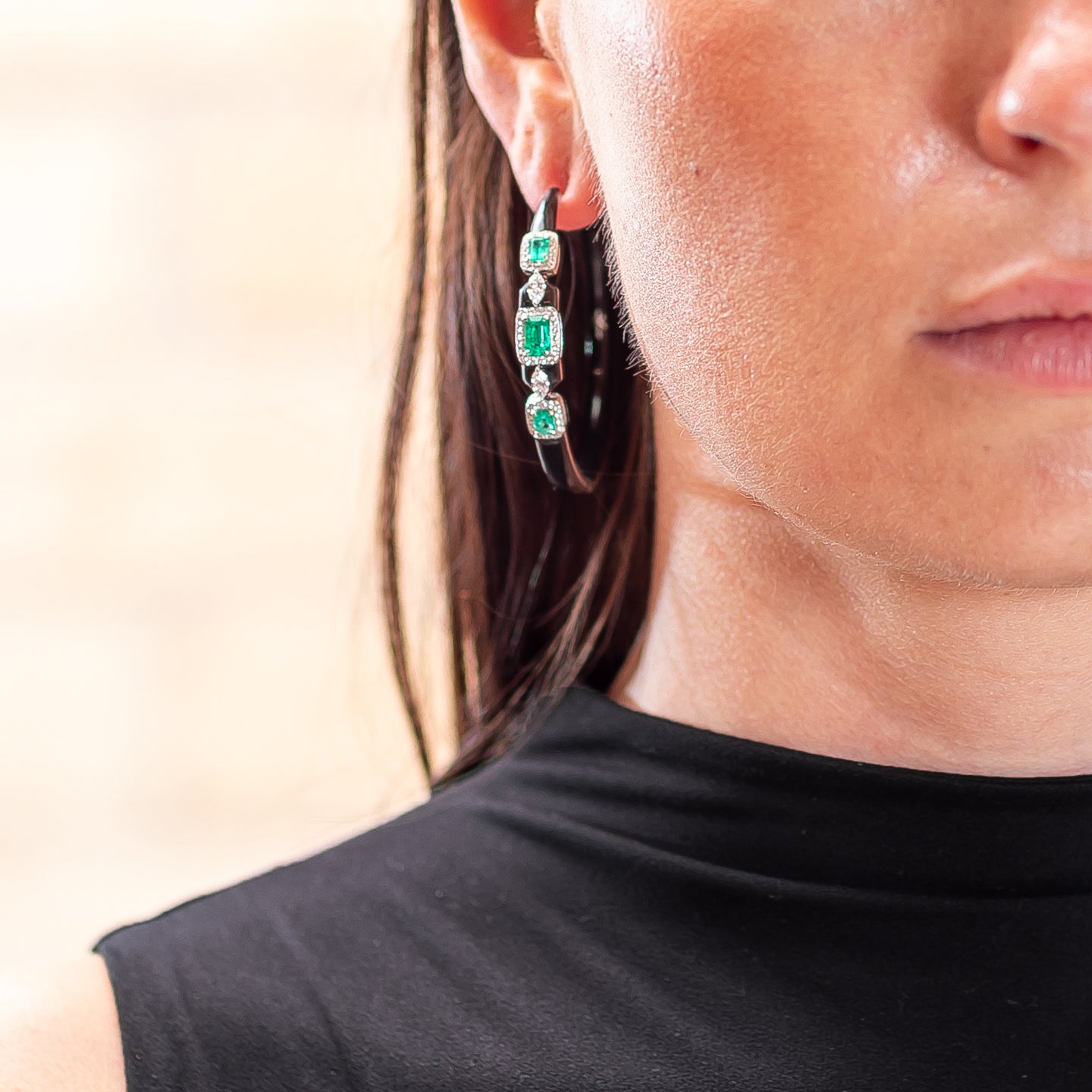 Nikos Koulis 'Oui' Hoop Earrings with Emeralds, White Diamonds and Black Enamel