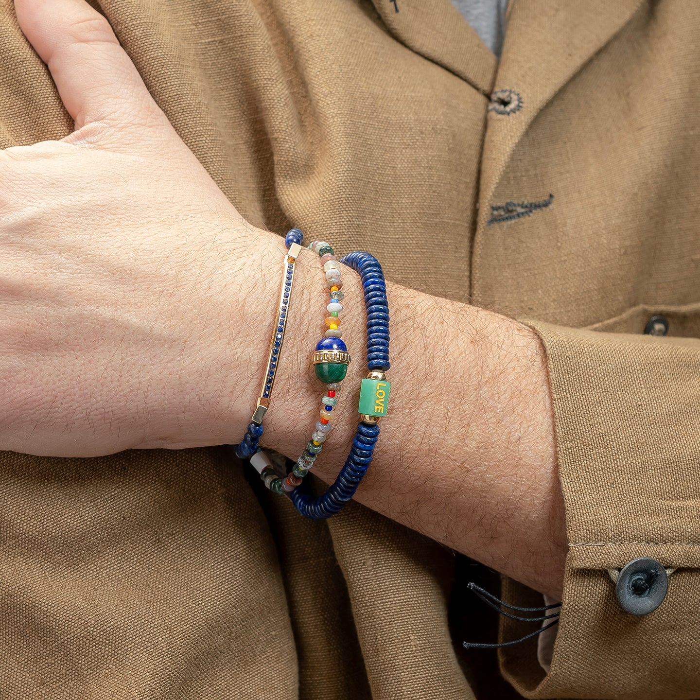 Luis Morais Gemstone Beaded Bracelet with Gold Ribbed Vertical Collar on Duo Cabochon Malachite and Lapis Bead