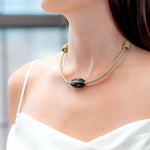 Dezso Classic Onyx Cowrie Bead with Sillimanite on Tan Cord Necklace