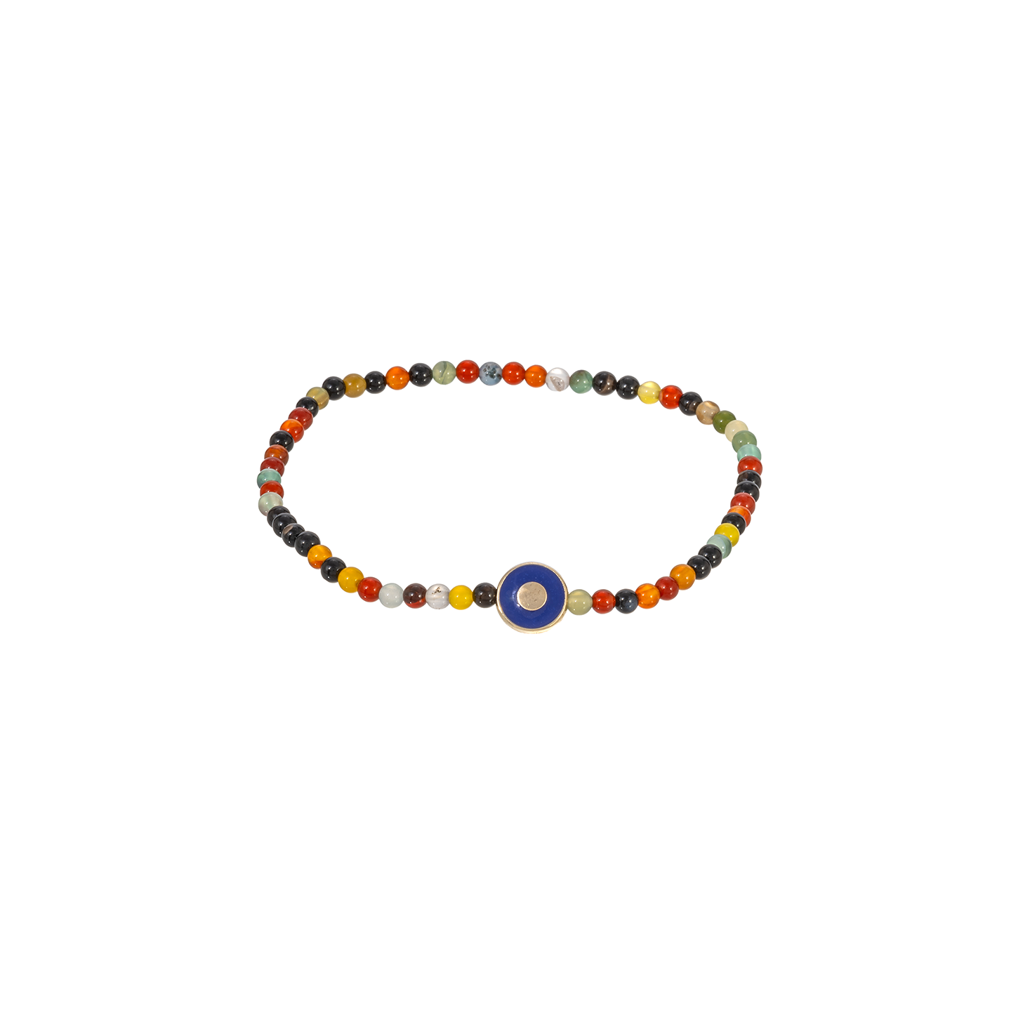 Luis Morais Small Disk with Recessed Enameled Blue Evil Eye on Multi Gemstone Beaded Bracelet