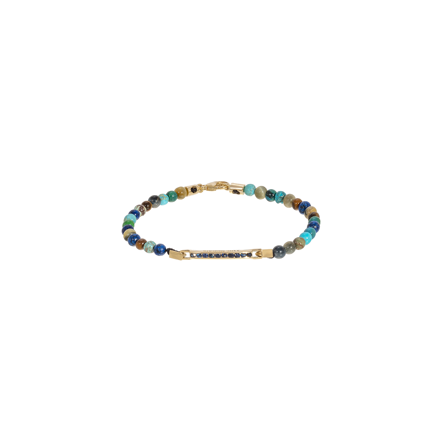 Luis Morais Gold Medium Link ID Bar with Blue Sapphire Round Stones on a Gemstone Beaded Bracelet