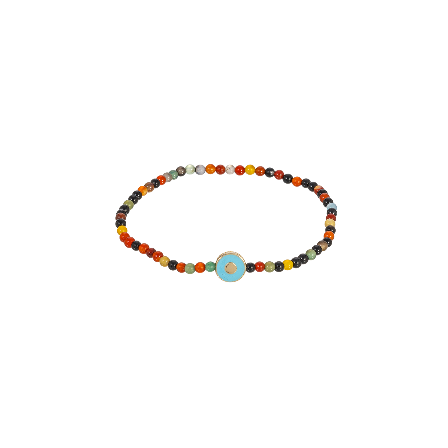 Luis Morais Small Disk with Recessed Enameled Turquoise Evil Eye on Multi Gemstone Beaded Bracelet