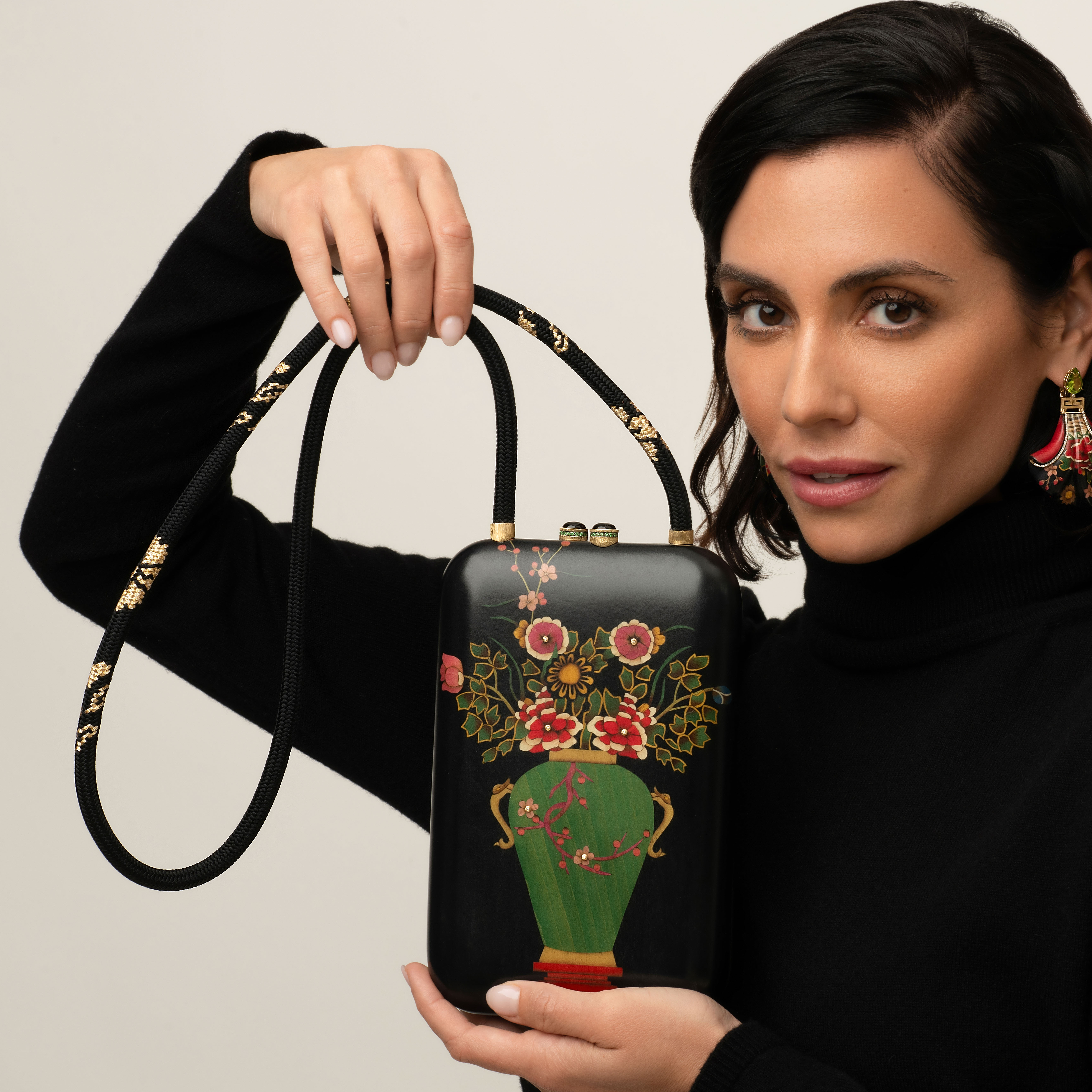 Silvia Furmanovich Black Marquetry Floral Vase Clutch with Strap