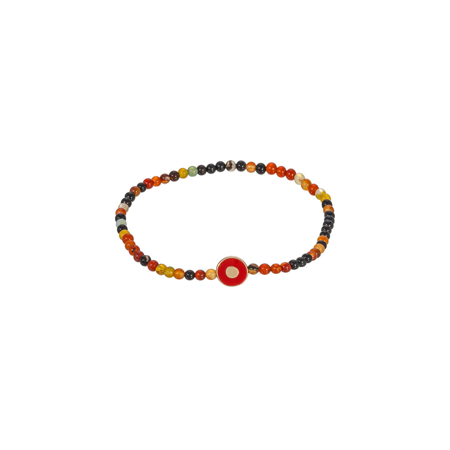 Luis Morais Small Disk with Recessed Enameled Red Evil Eye on Multi Gemstone Beaded Bracelet