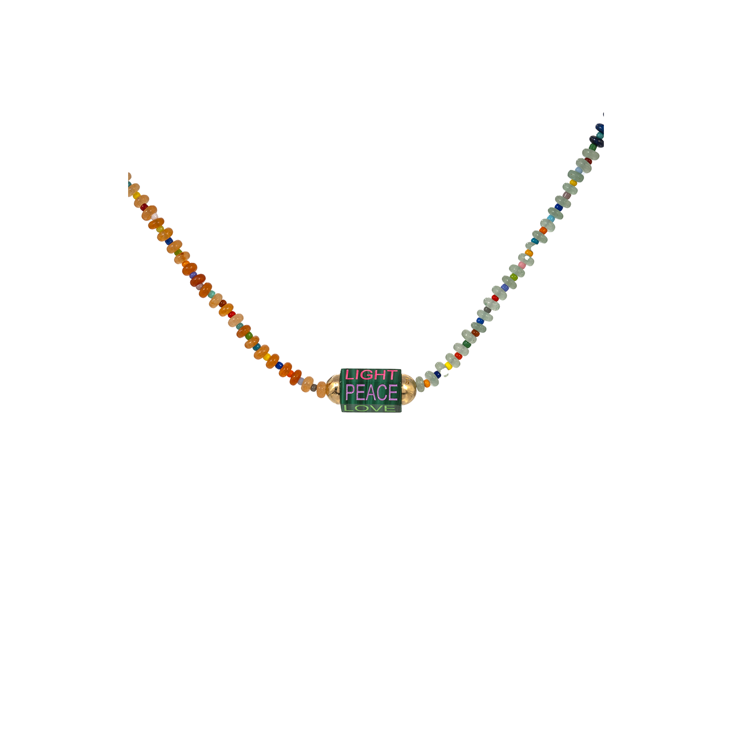 Luis Morais Hexagon Malachite Bolt Bead Enameled and Carved 'Love, Light, Peace' Beaded Necklace