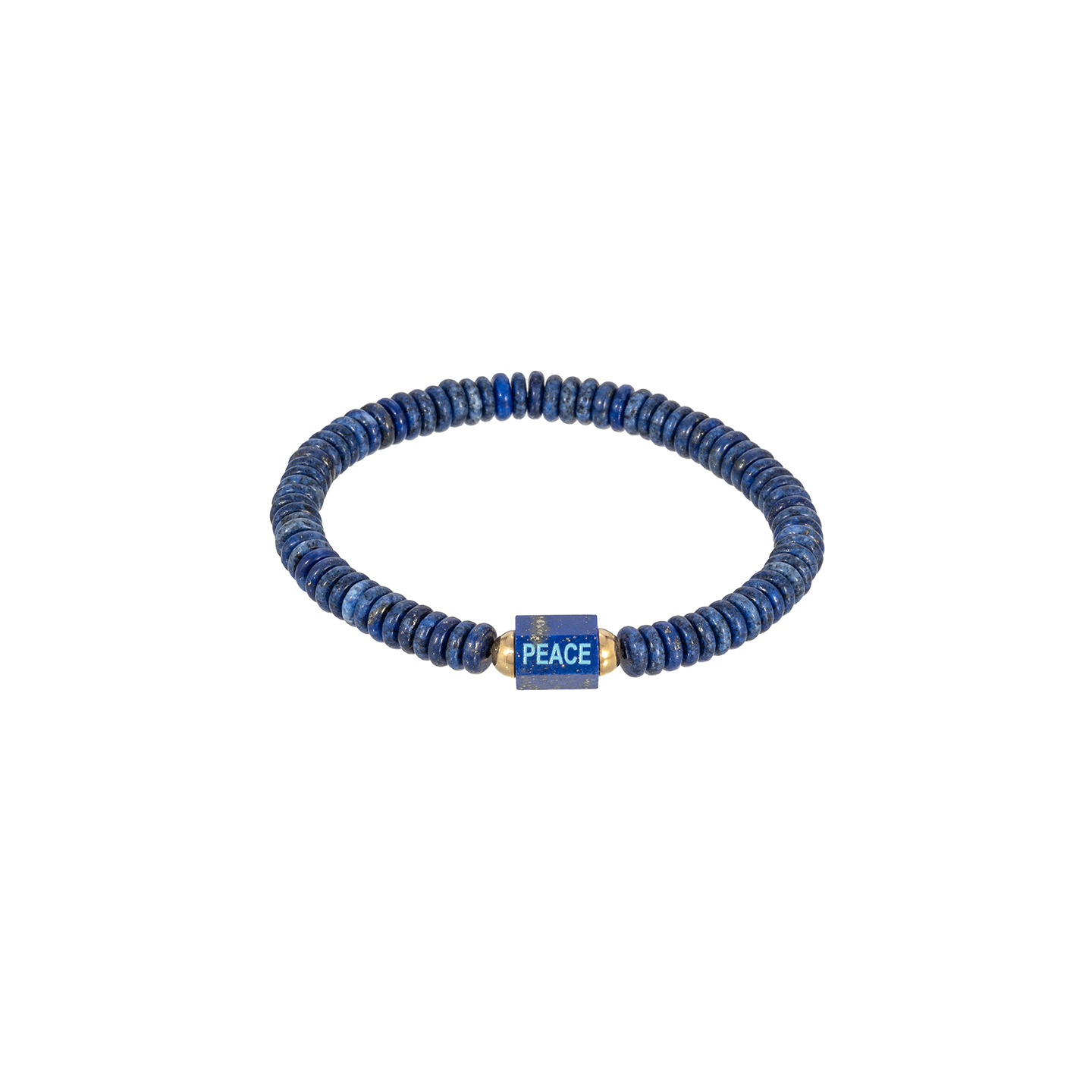 Luis Morais Medium Hexagon Lapis Bolt Bead with Carved and Enameled 'Peace' On Gemstone Beaded Bracelet