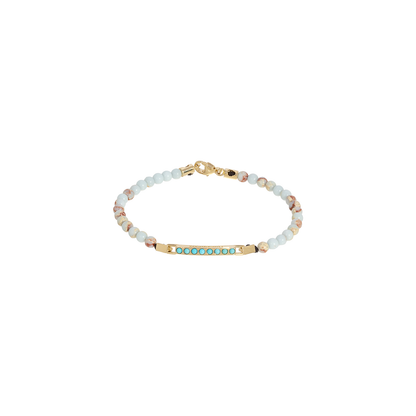 Luis Morais Gold Medium Link ID Bar with Turquoise Round Stones on a Gemstone Beaded Bracelet