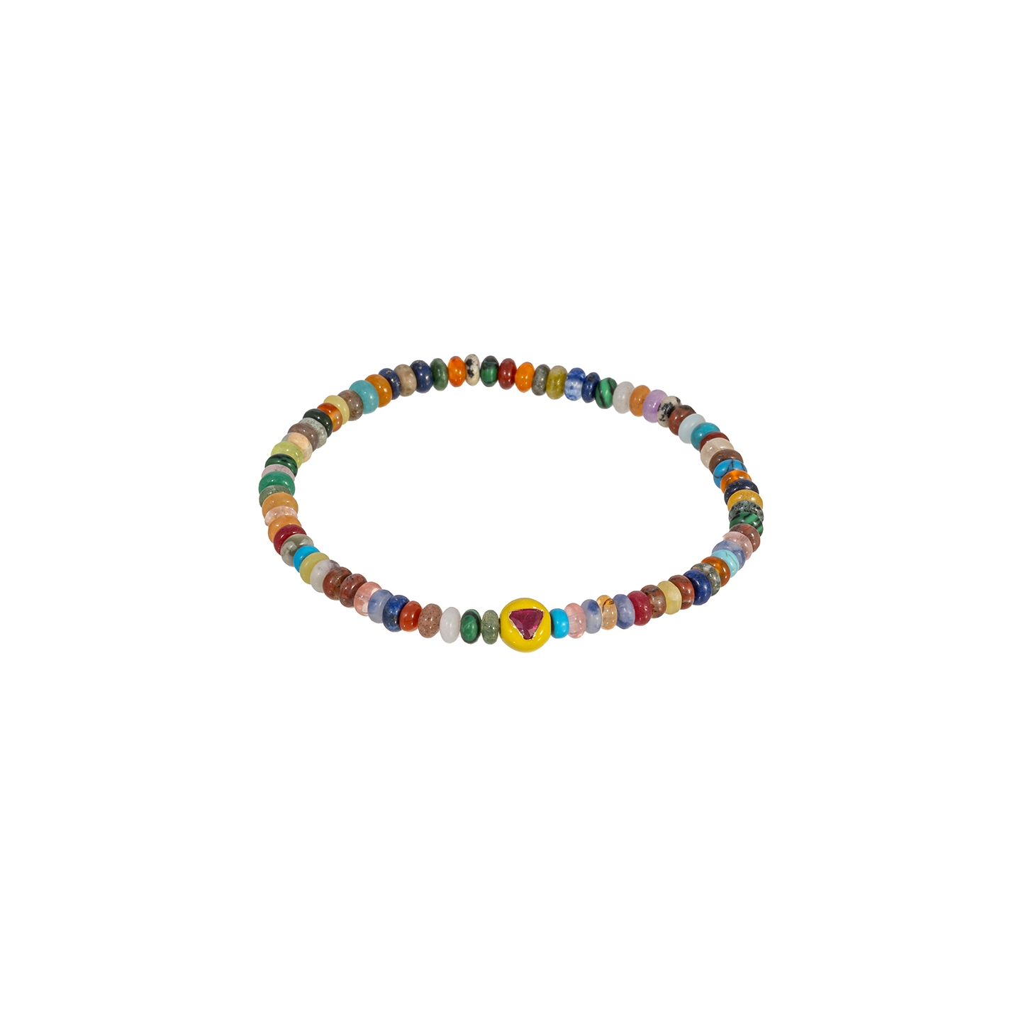 Luis Morais Large Gold Yellow Enameled Ball Bead with Ruby Trillion On Gemstone Beaded Bracelet