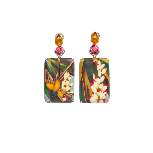 Silvia Furmanovich Marquetry Earrings with Light Brown Diamond, Citrine, Orange Sapphire and Bamboo