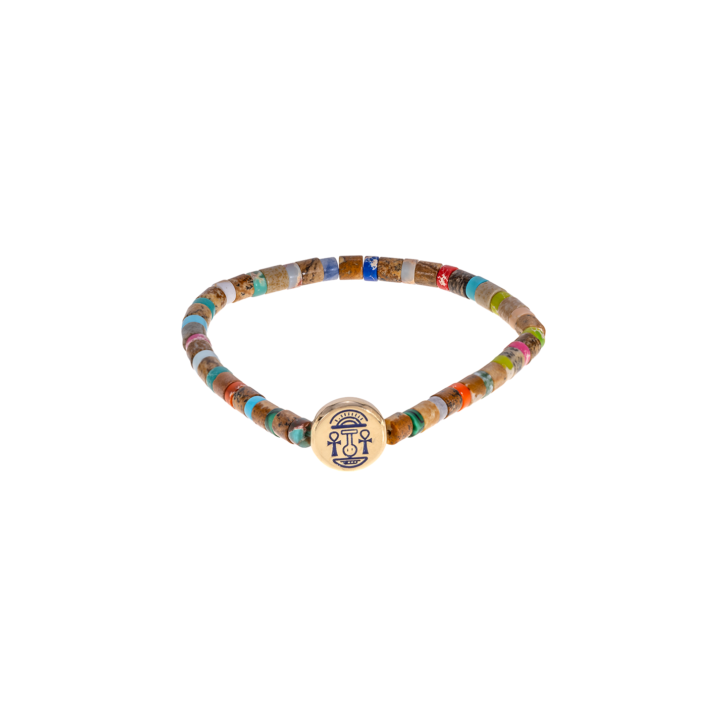 Luis Morais Large Disk with Enamel Good Luck Symbol on Gemstone Beaded Bracelet