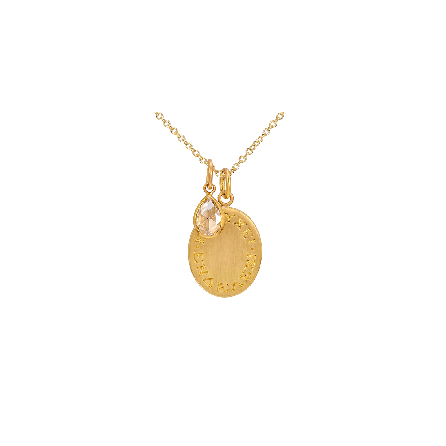Caroline Ellen Engraved Oval Pendant with Rose Cut Pear shape Diamond Pendant "May You Have Good Fortune Always"