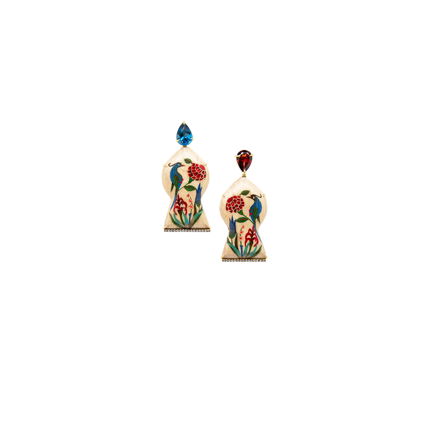 Silvia Furmanovich Marquetry Bird Motif Earrings with London Blue Topaz and Garnet