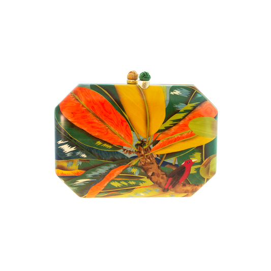 Silvia Furmanovich Marquetry Tropical Motif Clutch with Bamboo Knot and Gold Clasp
