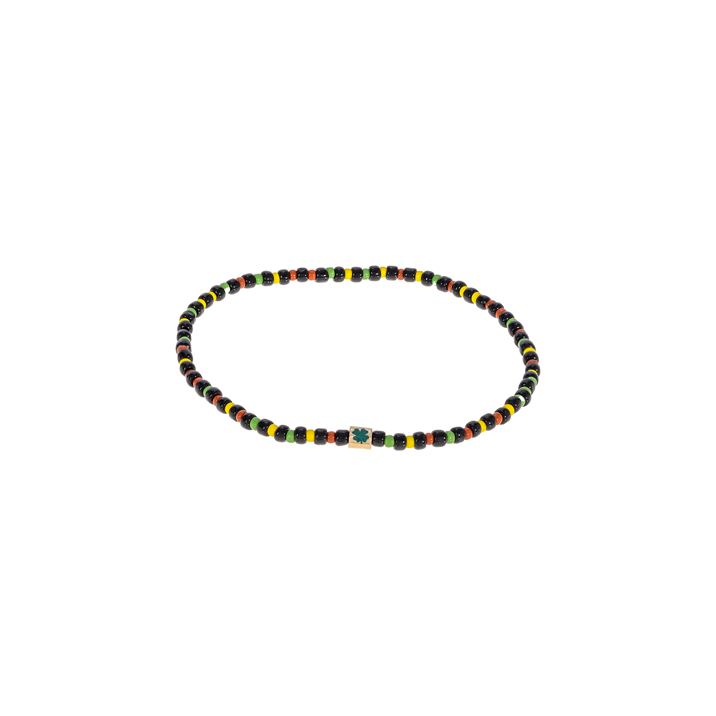 Luis Morais Gold Short Roll Bead with Green Clover Symbol on Gemstone Beaded Bracelet