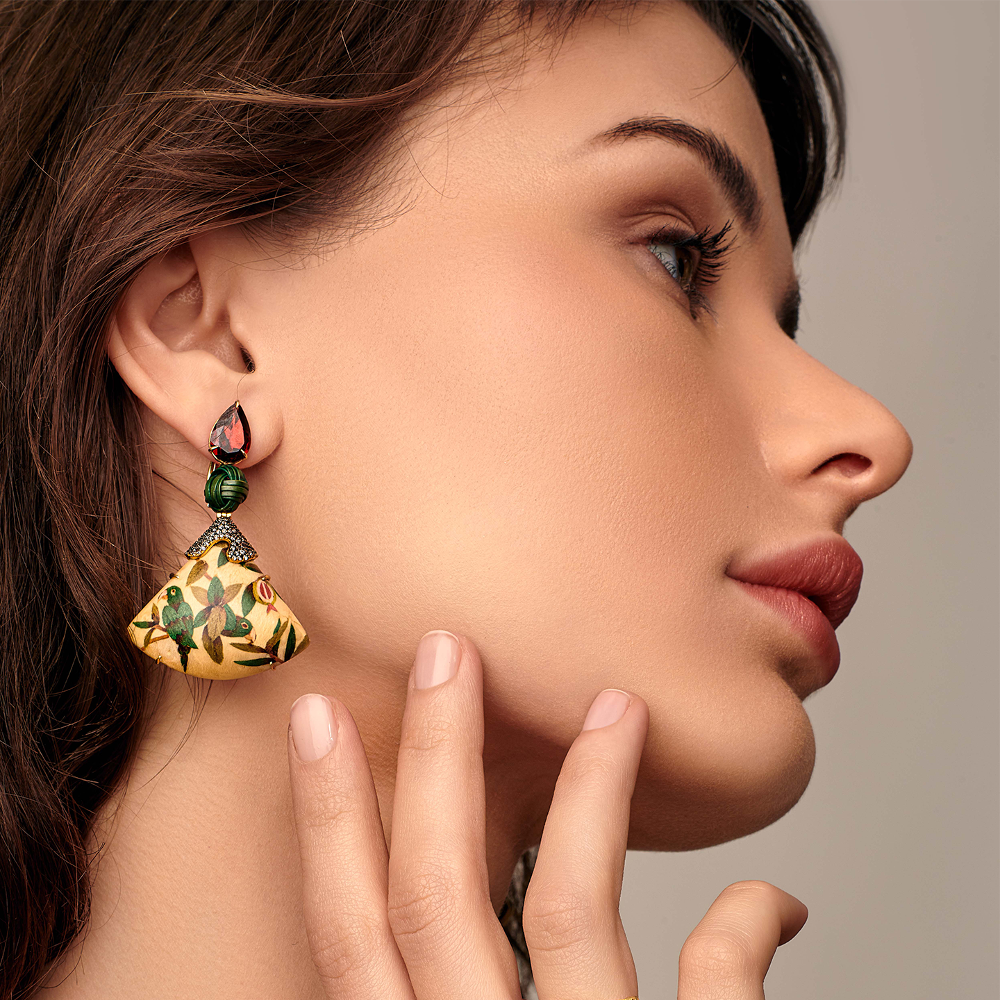 Silvia Furmanovich x Moye Marquetry Earrings with Bamboo, Guava and Parrot Pattern