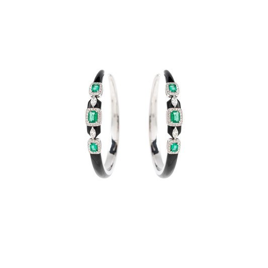 Nikos Koulis 'Oui' Hoop Earrings with Emeralds, White Diamonds and Black Enamel