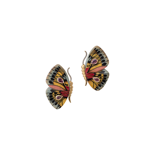 Silvia Furmanovich Marquetry Butterfly Earrings with Diamond and Pink Sapphire