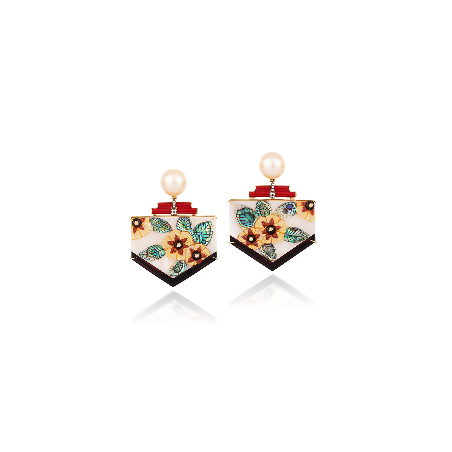 Silvia Furmanovich Pearl Floral Earrings with Onyx, Red Jasper and Diamond