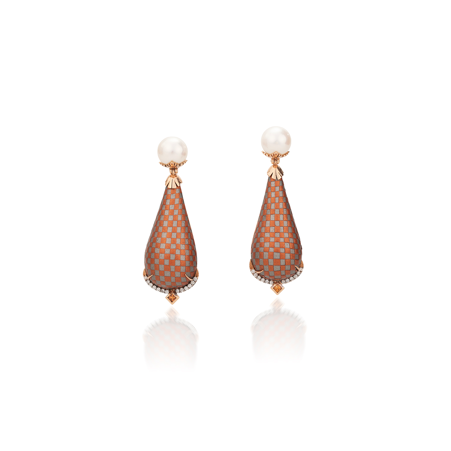 Silvia Furmanovich Checkered Earrings with Mother of Pearl, Diamond, and Orange Sapphire