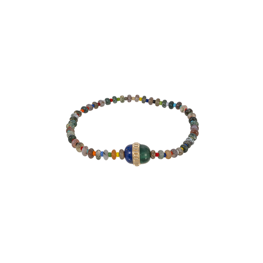 Luis Morais Gemstone Beaded Bracelet with Gold Ribbed Vertical Collar on Duo Cabochon Malachite and Lapis Bead