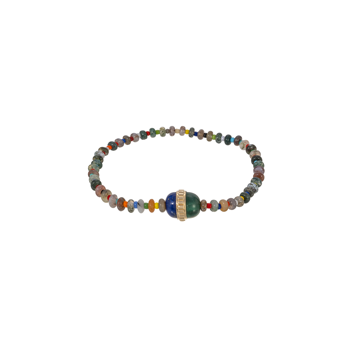 Luis Morais Gemstone Beaded Bracelet with Gold Ribbed Vertical Collar on Duo Cabochon Malachite and Lapis Bead