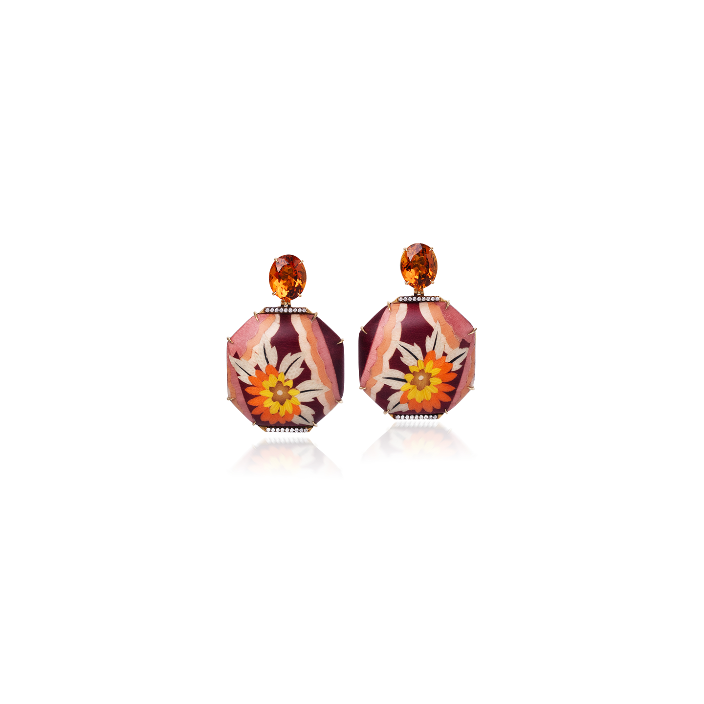Silvia Furmanovich Marquetry Flower Motif Earrings with Diamond and Citrine