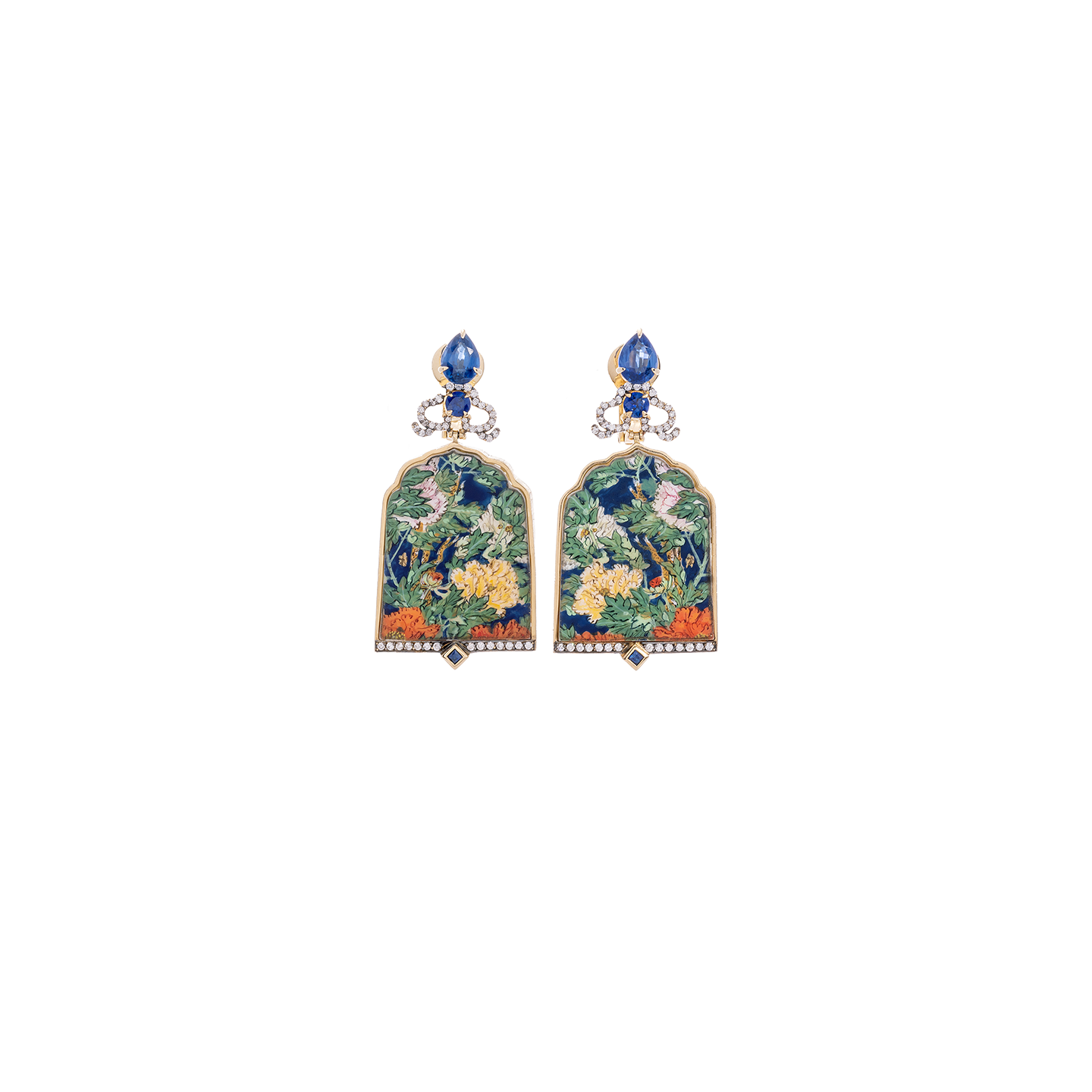 Silvia Furmanovich Miniature Painting Earrings with Diamonds, Sapphire, and Kyanite