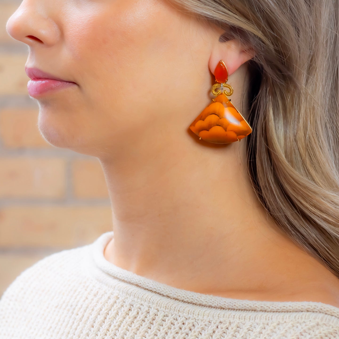 Silvia Furmanovich Marquetry Orange Cloud Pattern Earrings with Diamonds and Fire Opals