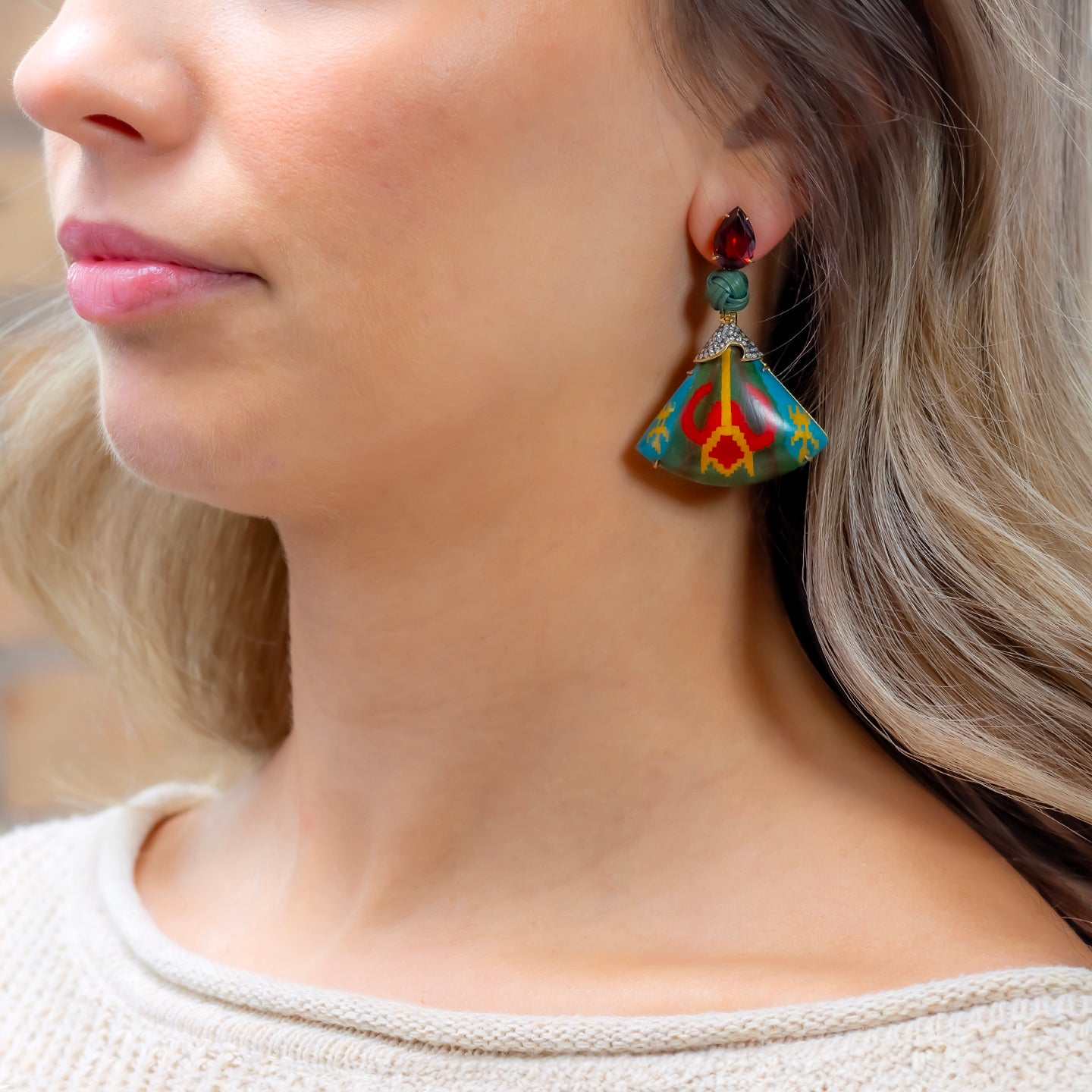 Silvia Furmanovich Marquetry Fan Earrings with Diamonds and Garnet