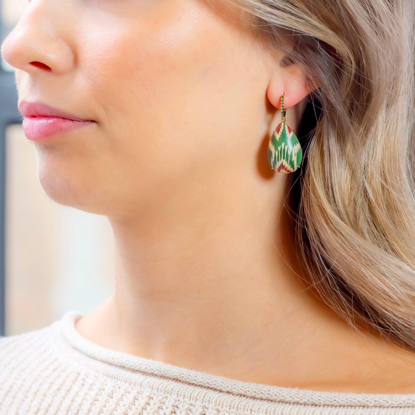 Silvia Furmanovich 'Silk Road' Marquetry Earrings on Tsavorite Huggies and Ikat Motif