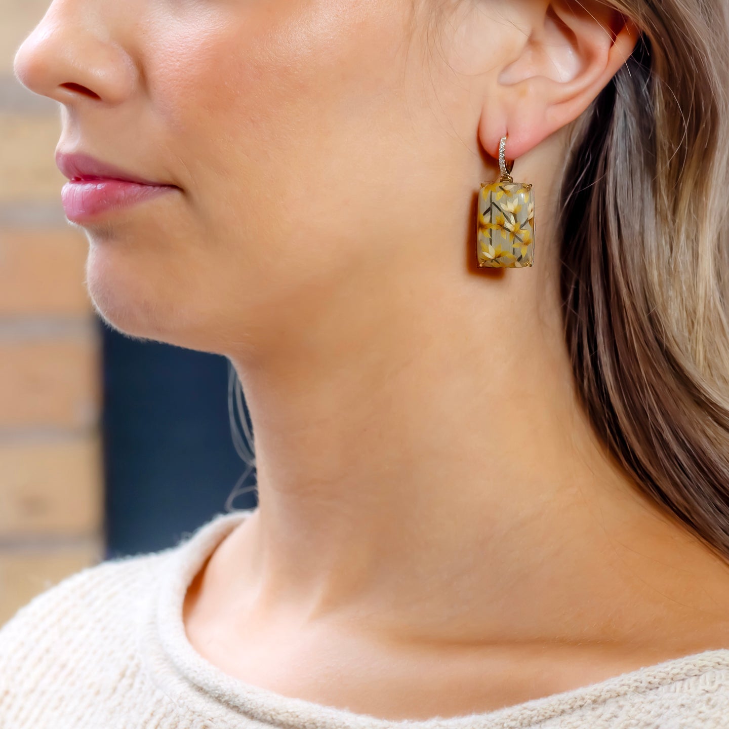 Silvia Furmanovich x Moye Mini Marquetry Earrings on Diamond Huggies with Bamboo Motif