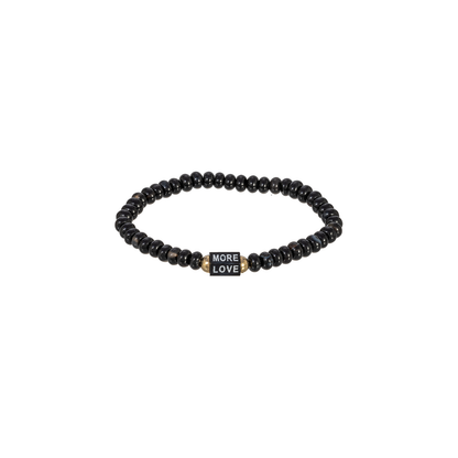Luis Morais Medium Hexagon Onyx Bolt Bead with Carved and Enameled 'More Love' On Gemstone Beaded Bracelet