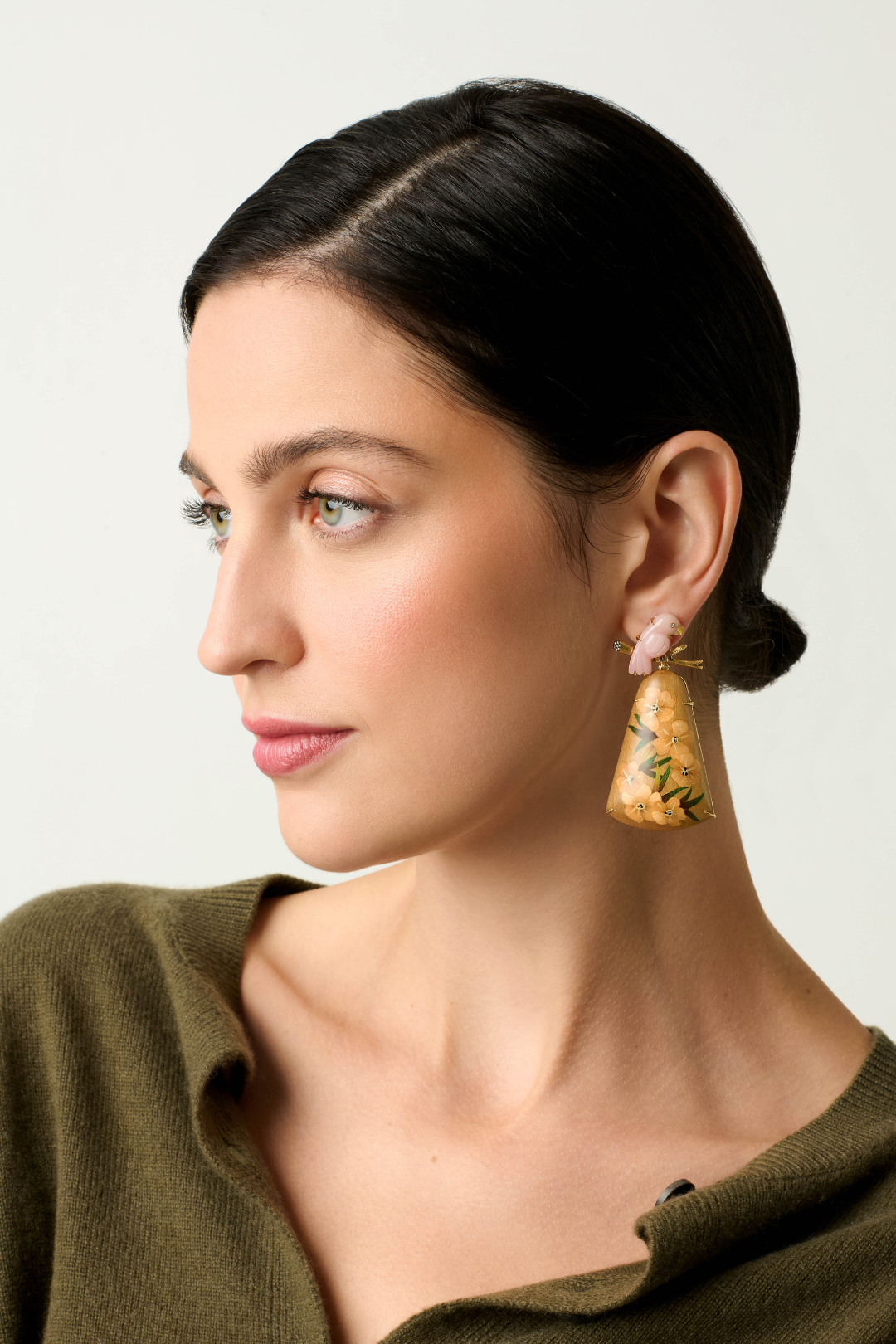 Silvia Furmanovich Marquetry Floral Bird Earrings with Diamonds and Guava Stone