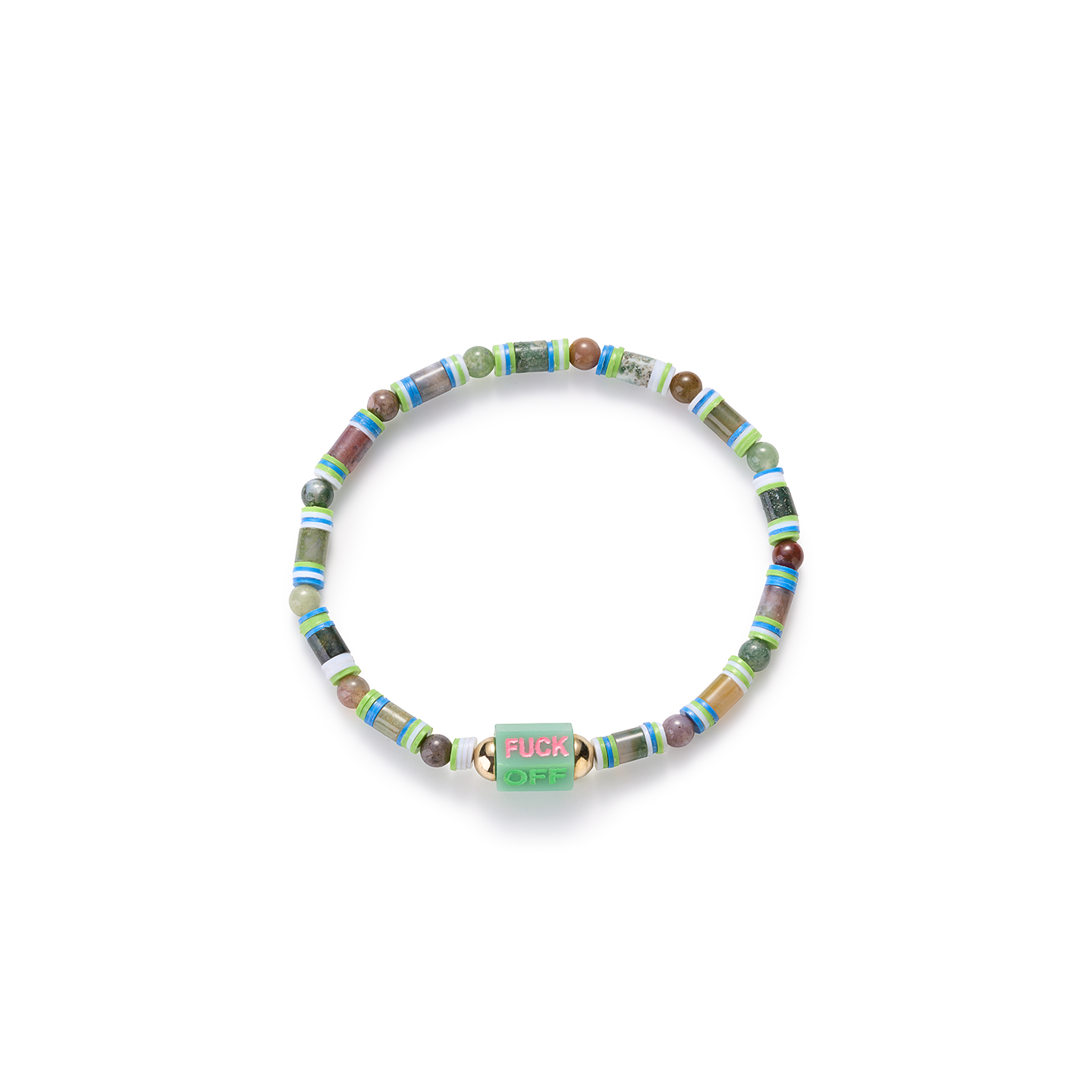 Luis Morais Medium Hexagon Chrysoprase Bolt Bead with Carved and Enameled 'F*ck Off' On Indian Agate and Vinyl Beaded Bracelet