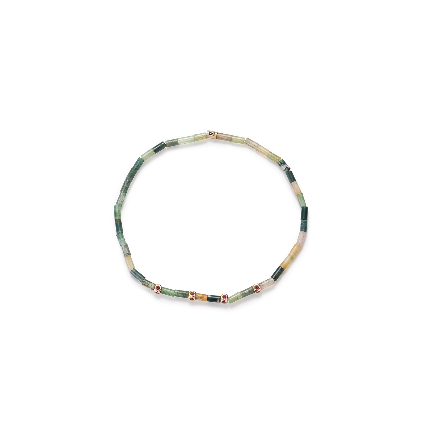 Luis Morais Four Sided Mini Tetras with Ruby on an Indian Agate Tube Beaded Bracelet